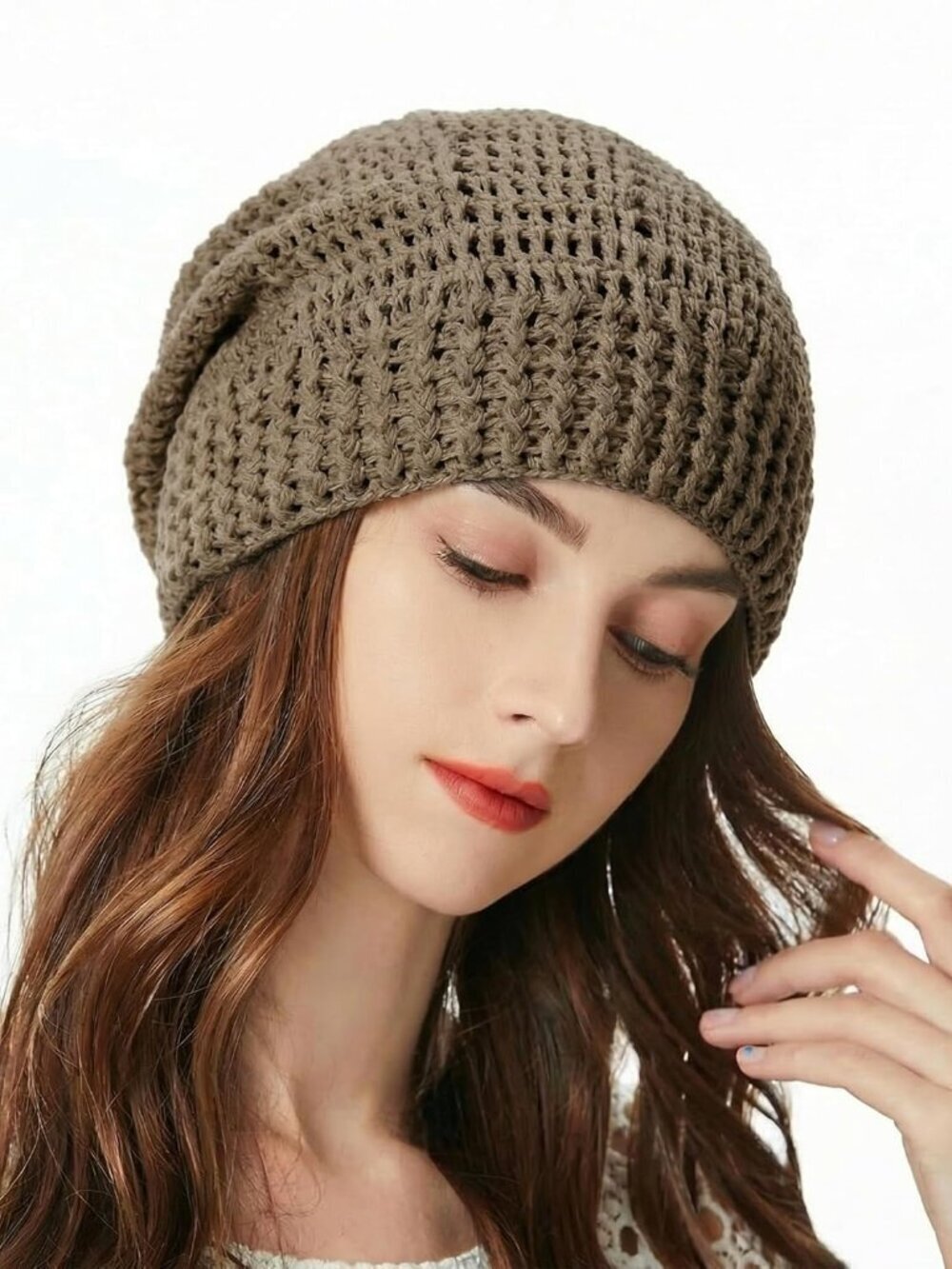 Women's Cotton Crochet Slouchy Beanie Hat Handmade Knit Summer Skull Cap Khaki